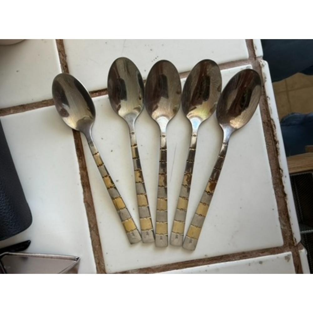 Set of 5 SSGP 18/10 Stainless Steel‎ Gold Silver Ruler Design Teaspoons Flatware